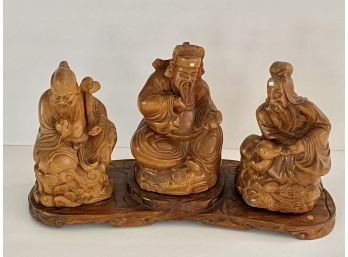 Vintage Hand Carved Wood 3 Figures  On Base Brought Directly From Asia No Markings ( READ Description)