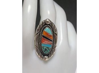 Vintage Navajo Native American Signed Dine A. Edsitty Sterling Silver Ring Coral Turquoise Onyx Inlay Sz 7 1/2