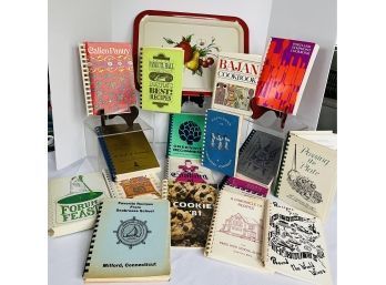 Lot Of 17 Spiral Bound Cookbooks From Across The US & Vtg Metal Tray
