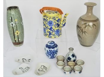 Asian Lot- Andrea Hong Kong Teapot, Sake Set, Bamboo Theme Vase, Davar Japan Tea Caddy, Soy Dip Bowls, Vase