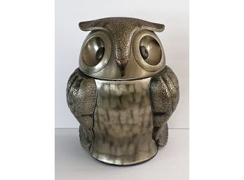 1960's  Metal Owl Ice Bucket Pewtertone Old Tankardware Made In Japan 11' Height Brass Eyes And Beak