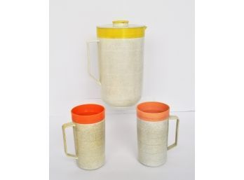 Therm-o-pitcher & 2 Mugs Marked Cornish Proven Products Thermal Ware Off White With Flecks Of Grey