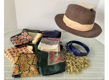 Ladies' Vintage Apparel Accessories Lot: 11 Silk Scarves Mostly Italy, Fabini N.Y. Straw Fedora Hat, 3 Belts