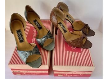 1970's Fiammonte Color Mate Lot Of 2 Pair High Heel Sandals Embossed Leather Faux Snakeskin Original Boxes