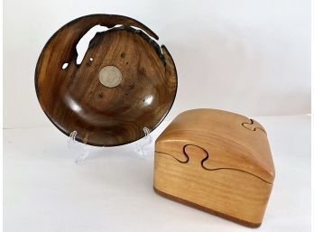 Lot Of 2 Wooden Art Pieces: Maple Puzzle Box Signed And Repurposed Walnut Bowl By Walk Softly Wood Art