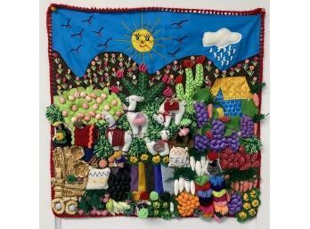 Peru  Arpillera Peruvian Handcrafted 3 D Cloth Folk Art Tapestry Market Place Scene 19' X 10' Detailed