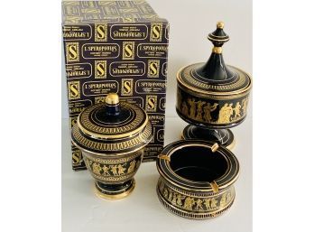 Spyropoulis Athens, Greece 24K Gold Trim Black Hand Made Pottery - 2 Footed Covered Dishes 1 Ashtray
