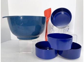 Set Of 4 Heller Design By Massimo Vignelli Melamine 5' Blue Soup/cereal Bowls, ROSTI Mixing Bowl & Spatula