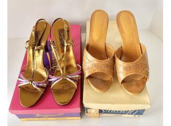 2 Pairs 1970's Sandals Fiammonte Color Mate Bronze Sandals 7 1/2M & Studio 10 Tan Wood Slide Size 8