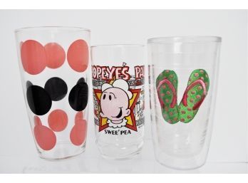 Lot Of 3 Vintage Tumblers- Black & Pink Glass, Thermal With Embroidered Flip Flips, Popeye's Pal, Swee'Pea