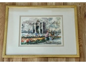 Vintage Original Watercolor Of French Cityscape Signed Illegibly