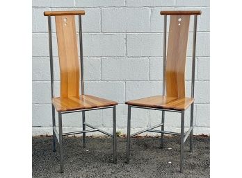 Pair Of Two Unique Mid Century Wooden High Back Chairs