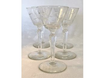 Lot Of Five Vintage Etched Wine Glasses With Stem