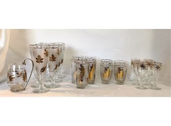 Lot Of 23 Mid Century Assorted  Golden Leaf Frosted Glasses By Libbey