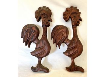 Pair Of Witco Carved Wooden Roosters Wall Art