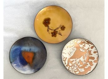 Lot Of Three Assorted Mid Century Modern Handcrafted Enamel On Metal Plates