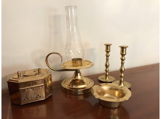 Brass Candlesticks And Box