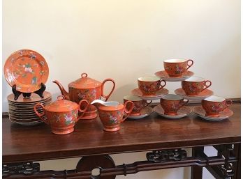 Teapot, Creamer & Sugar, Cups  And Saucers In Orange And Gold