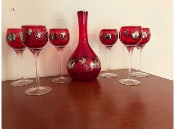 Cranberry Glass With Silver Leaf Set