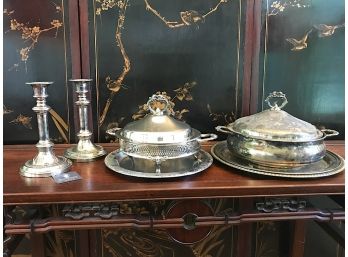 Silverplate Candle Sticks And Serving Pieces
