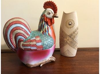 Asian Rooster Cookie Jar And Vase
