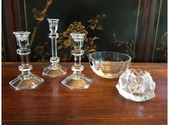 Crystal Candlesticks, Bowls And Candlestick Holder