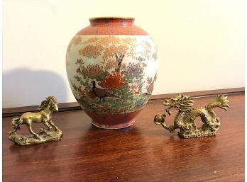 Asian Porcelain Jar And Small Brass Figurines