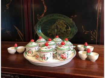 Strawberry Motif Tea Set And Green Depression Glass