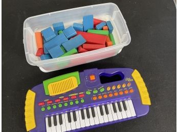 Bin Of Blocks And Kids Keyboard Lot