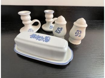 Pfaltzgraff Yorktowne Butter Dish, Salt And Pepper Shakers And Candlestick Holders