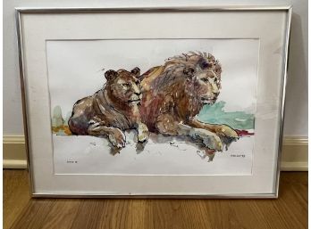 'lions II' Watercolor In Frame - Artist Signed