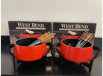 Pair Of Red West Bend Mini Fondu Pots With Lot Of Forks