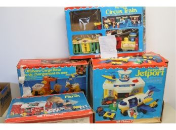 Vintage Fisher Price Family Jet Port, Circus Train, Farm, And Off Shore Cargo Base With Boxes