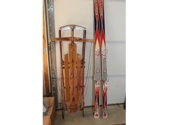 Vintage Holiday Decor As Pictured  1) Flexible Flyer Sled 2) Kneissl Skis