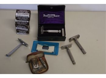 Vintage Safety Razors And Blades Including Penn Adjustable Safety Razor Made In USA In Original Box