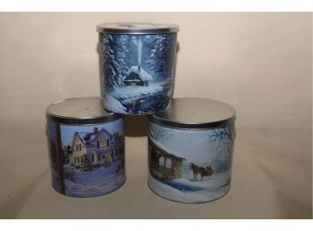 Three Vintage 24 0z. Popcorn Tins With Beautiful Winter Scenes