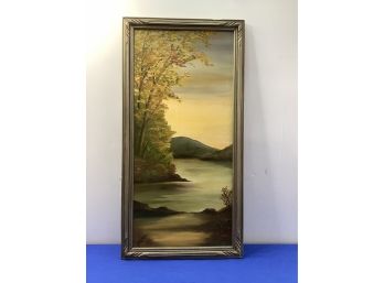 Rectangular Signed Art Of A Lake With Mountains And Trees Oil On Canvas