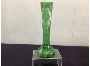 Green Glass Bud Vase With White And Gold Floral Design