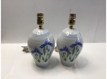 Pair Of Blue Flowered Table Lamps Without Shades