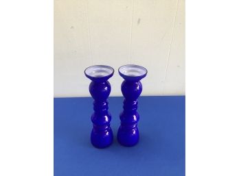 Blue And White Glass Candle Stick Holders