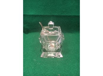 Antique Art Deco Cut Glass Covered Dish With Spoon