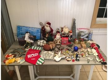 Large Lot Of Christmas Decor On Table Plus A Box Of Lights