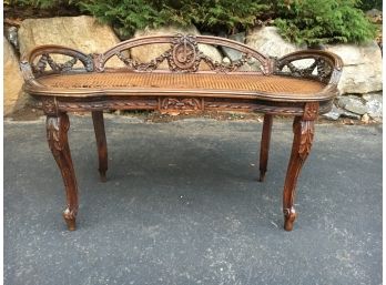 Antique Carved Wood Bench With Black Forest Style Carving