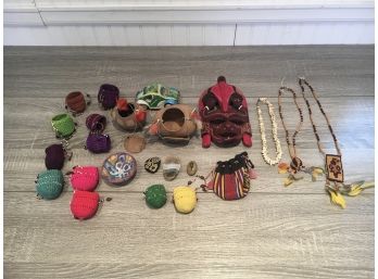 Lot Of Decorative Handmade Pieces Including Beaded Items, Gourds, Wood Mask, And Bone Necklace