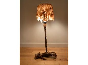 Handmade Stick And Rawhide Lamp, Great Rustic Piece