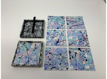 2 Sets Of Jackson Pollack Style Abstract Painted Canvas Coasters, 6 Per Set