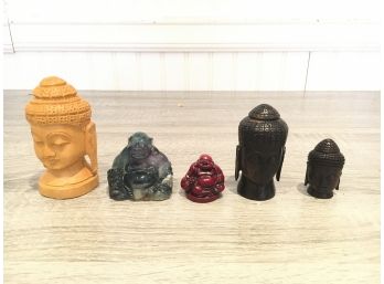 Collection Of 5 Buddhas Made Of Stone (Jade?) Resin And Wood