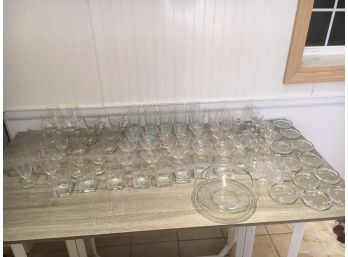 Huge Table Lot Of Clear Glass Including Crystal And Antique Etched Glass