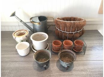 Assorted Garden Decor Including Great Pair Of Brass Planters With Iron Legs