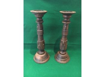 Pair Of Large Wood Candlesticks With Metal Accents